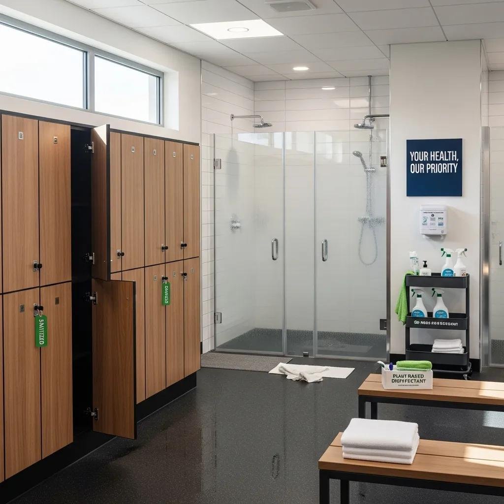 Clean and sanitized gym locker room showcasing hygiene protocols