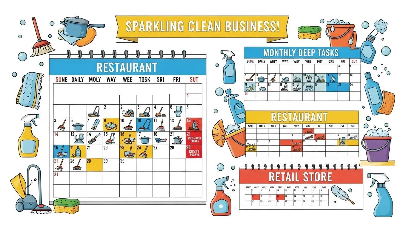 Illustrative calendar highlighting recommended cleaning frequencies for various business types