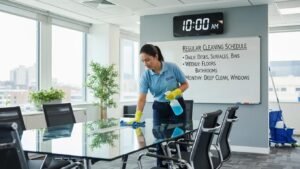 Professional cleaner maintaining a tidy commercial office space, emphasizing the importance of regular cleaning schedules