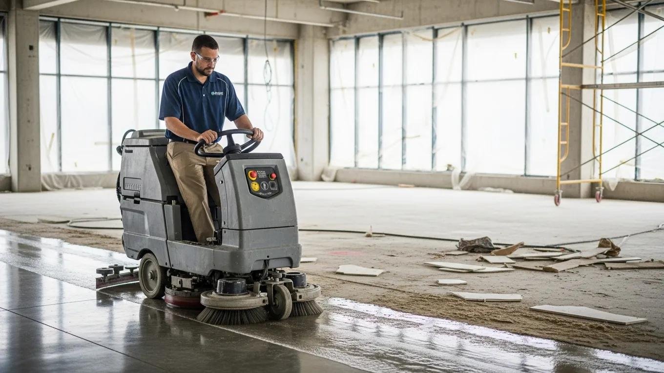 Qualified cleaning staff member using specialized equipment in a post-construction environment
