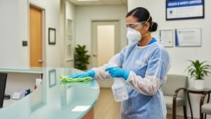 Cleaning professional in PPE ensuring health and safety standards in a medical office