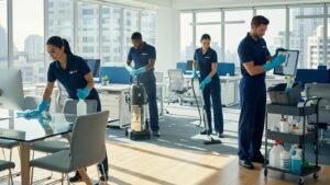 Professional cleaning team working in a bright office, emphasizing cleanliness and service quality