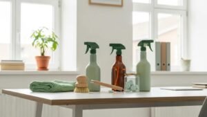Eco-friendly cleaning products in a bright, clean workspace highlighting green cleaning practices