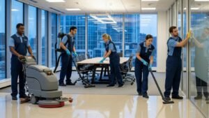 Professional cleaning team working in a commercial space, highlighting teamwork and efficiency