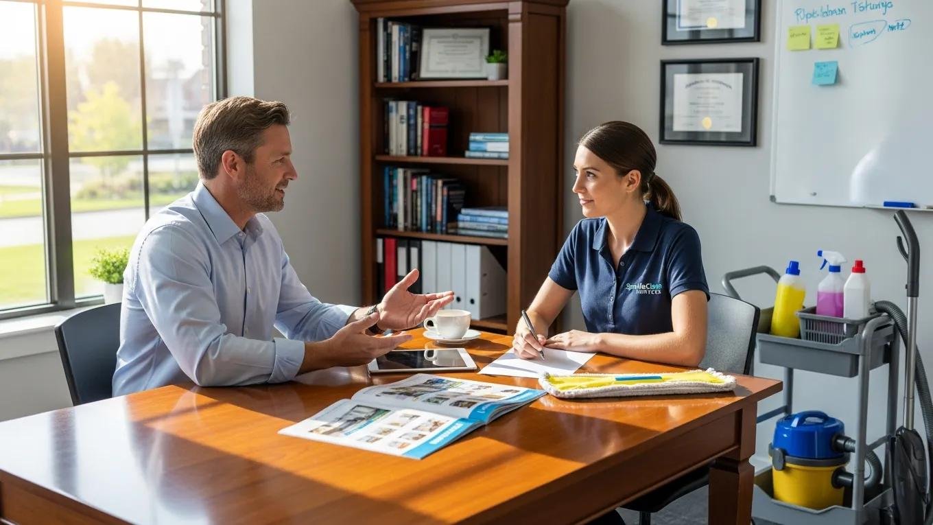 Business owner consulting about cost-effective cleaning service options