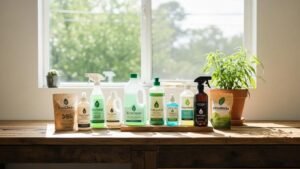Eco-friendly cleaning products in a bright, clean workspace promoting sustainability