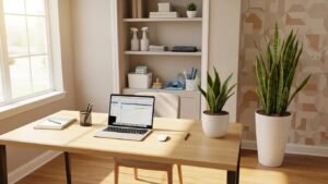 Clean and organized office workspace with a laptop and cleaning supplies