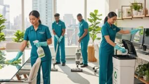 Professional cleaning team in a modern office using eco-friendly products