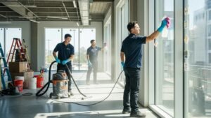Professional cleaners performing post-construction cleaning in a bright, newly built space