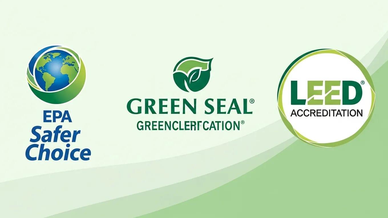 Logos of Green Seal, EPA Safer Choice, and LEED Accreditation representing key green cleaning certifications