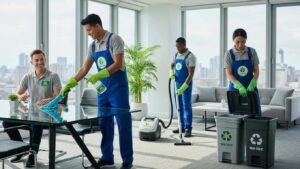 Commercial cleaning team demonstrating professionalism and eco-friendly practices in a modern office environment