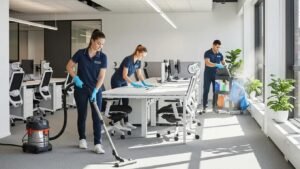 Commercial cleaning team efficiently cleaning a modern office space