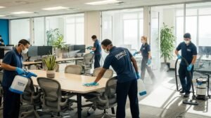 Modern office space being professionally cleaned, emphasizing hygiene and a conducive work environment