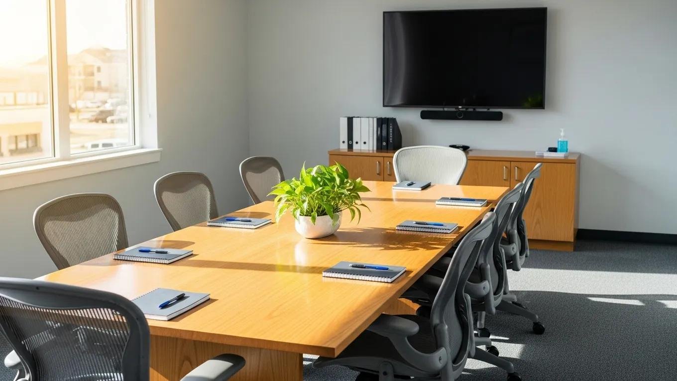 A clean meeting room showcasing the benefits of cost-saving strategies in commercial cleaning