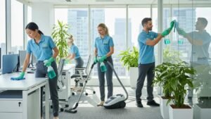 Professional cleaners using eco-friendly products in a modern office, symbolizing affordable commercial cleaning solutions