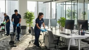 Professional cleaning team efficiently maintaining cleanliness in a modern office environment