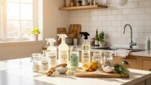 Eco-friendly cleaning products and natural ingredients in a bright, inviting kitchen