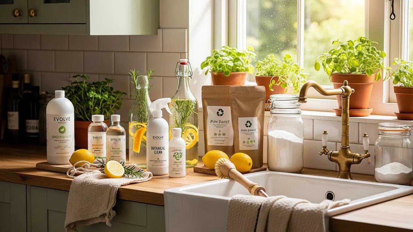 Eco-friendly cleaning products and natural ingredients in a bright, inviting kitchen