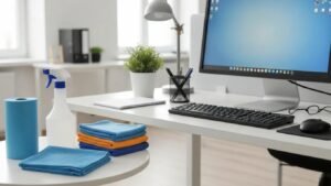 Bright office workspace featuring cleaning supplies that promote hygiene and organization