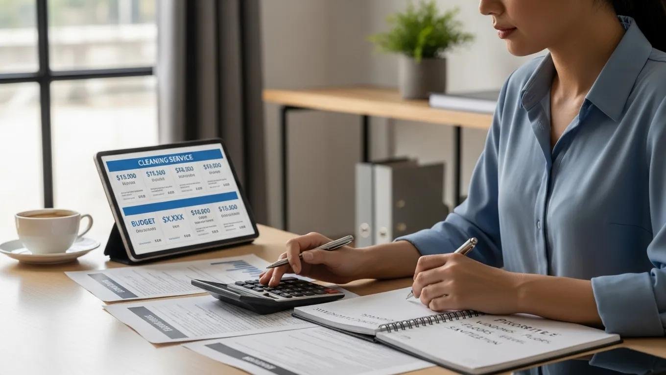 Business owner planning cleaning budget with quotes, calculator, and notepad in an organized workspace setting