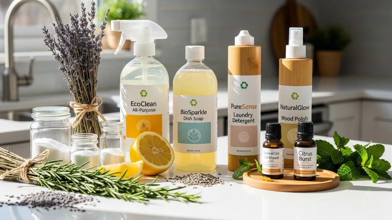 Close-up of biodegradable cleaning products alongside natural ingredients emphasizing eco-friendliness