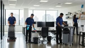 Team of professional cleaners working in a modern office, showcasing commercial cleaning activities