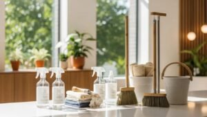 Modern eco-friendly cleaning tools in a bright commercial space symbolizing sustainability