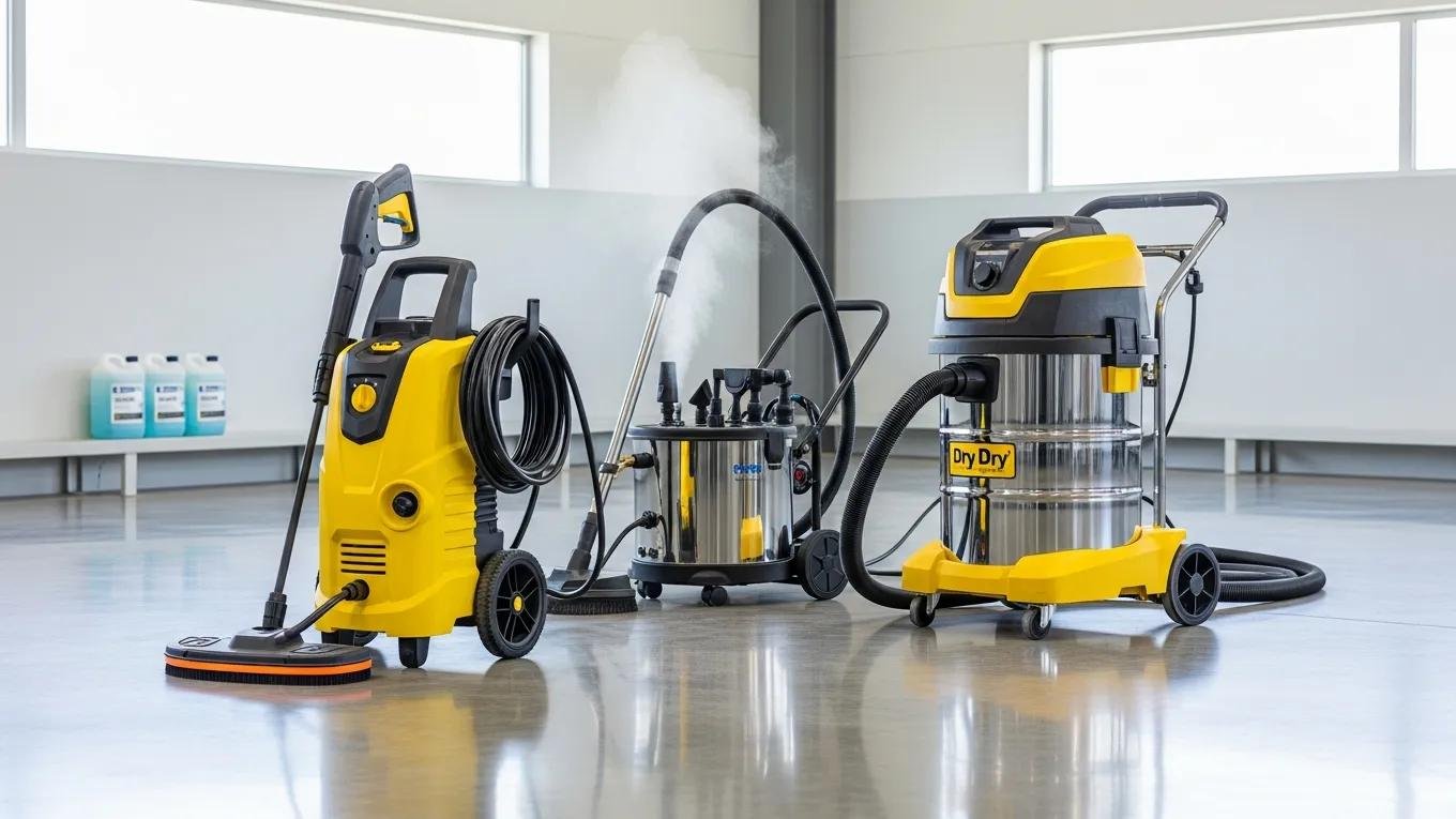 Essential cleaning equipment for industrial settings, including high-pressure washers and steam cleaners