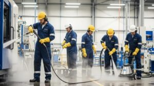 Industrial cleaning team utilizing high-pressure washer and steam cleaner in a manufacturing facility