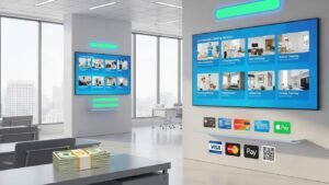 Modern office with commercial cleaning payment method symbols depicting cash, credit cards, and digital payments