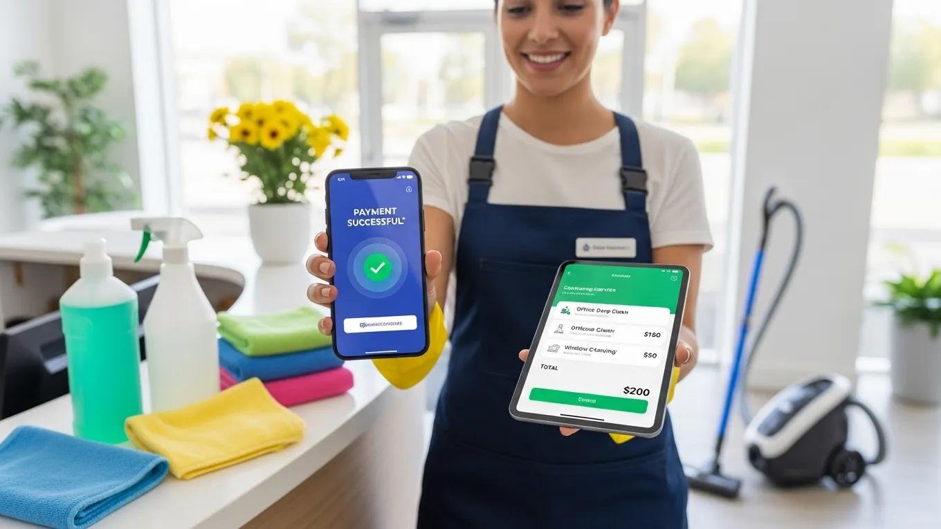 Person using smartphone for digital payment in a commercial cleaning service context