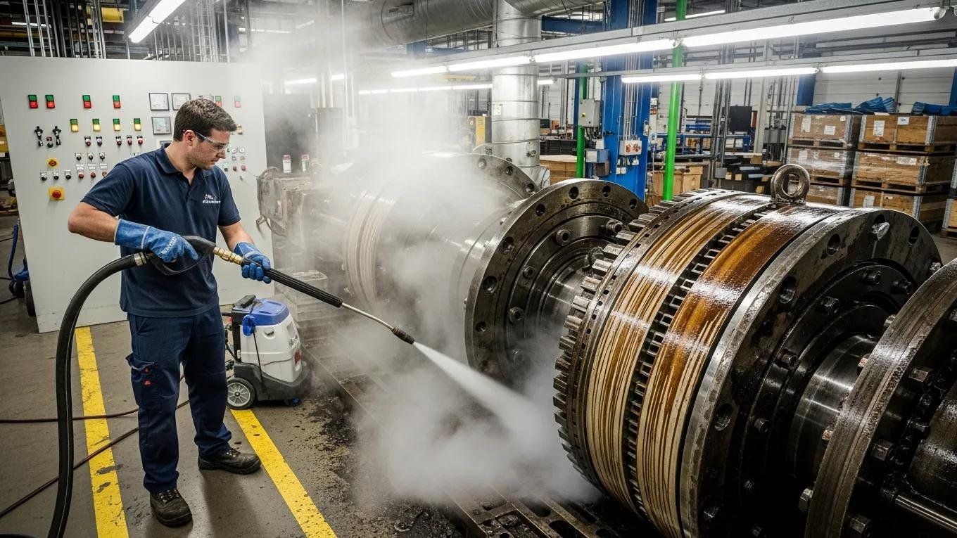 Steam cleaning process in an industrial environment, highlighting equipment and safety measures