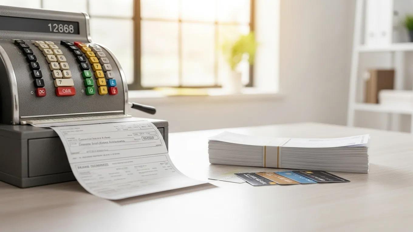 Traditional payment methods including cash, checks, and credit cards in a commercial cleaning setting