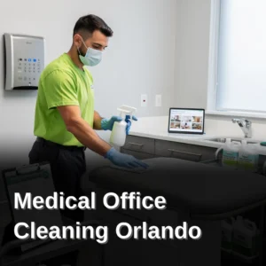 Cleaning technician disinfecting a medical exam room surface