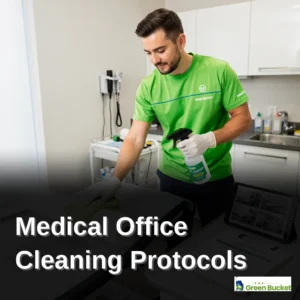 Cleaning technician disinfecting a medical office exam room