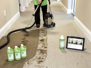 Technician performing eco-friendly commercial carpet cleaning in an Orlando office