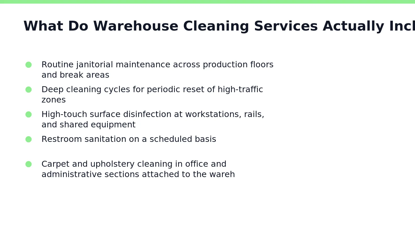 A clean warehouse in Orlando demands attention to zones that offices never see. Dock doors
