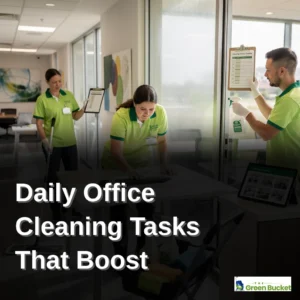 Green Bucket cleaning team sanitizing a modern office workspace