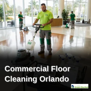 Technician cleaning glossy commercial floor in Orlando office