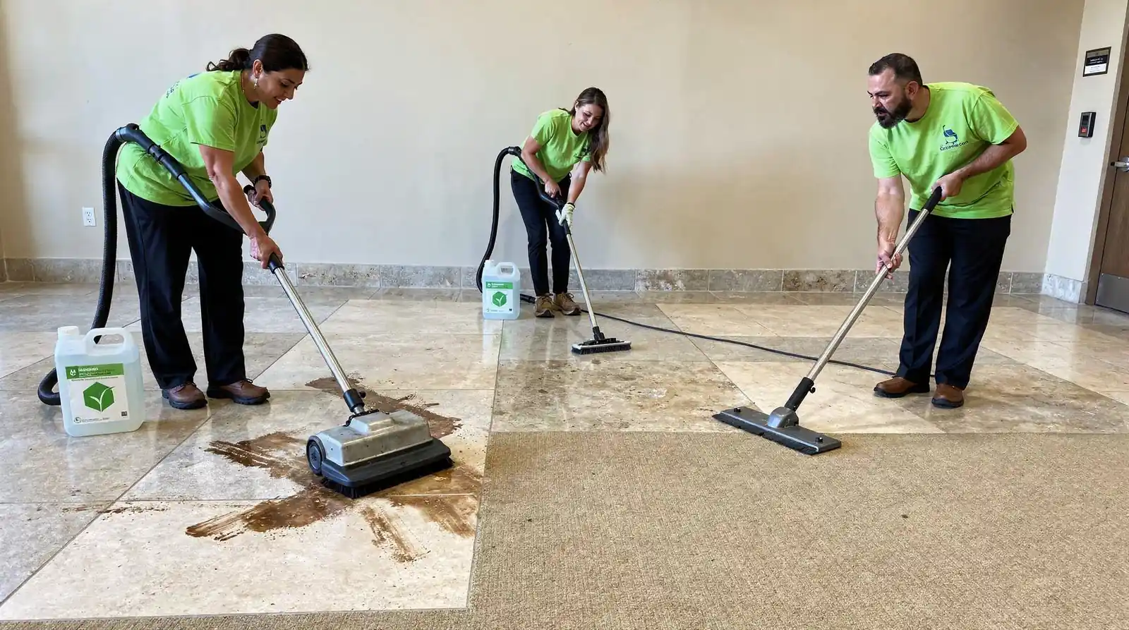 Specialized vinyl tile cleaning is offered alongside stone floor and carpet cleaning for commercial properties
